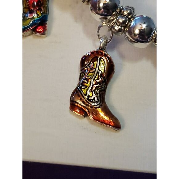 Colorful Western Boot Charm Stretch Bracelet, Yellow & Silver Tone Beads, New - Picture 4 of 8